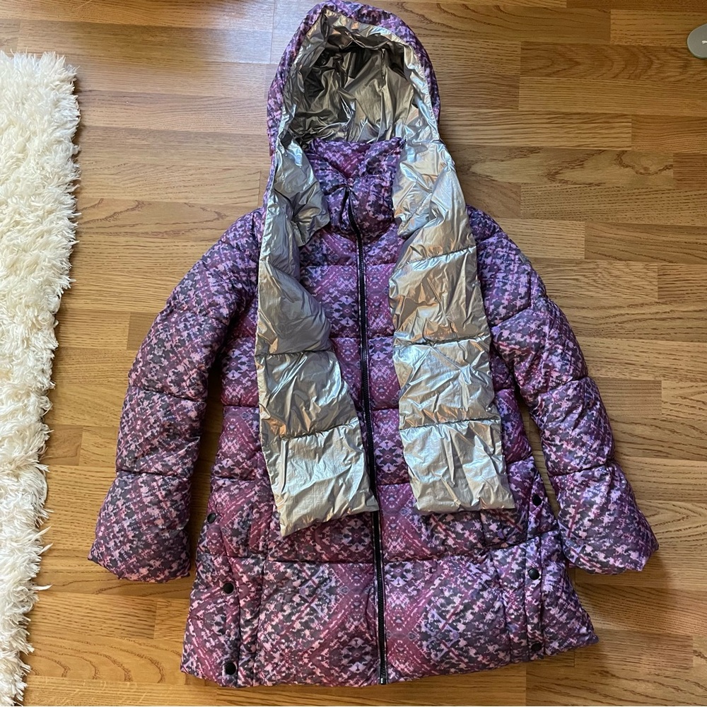 Sam Edelman winter print puffer jacket with removable scarf hood